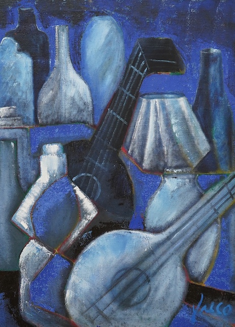 Cubist style, oil on canvas, Still life of vessels and instruments, indistinctly signed, 90 x 66cm. Condition - good